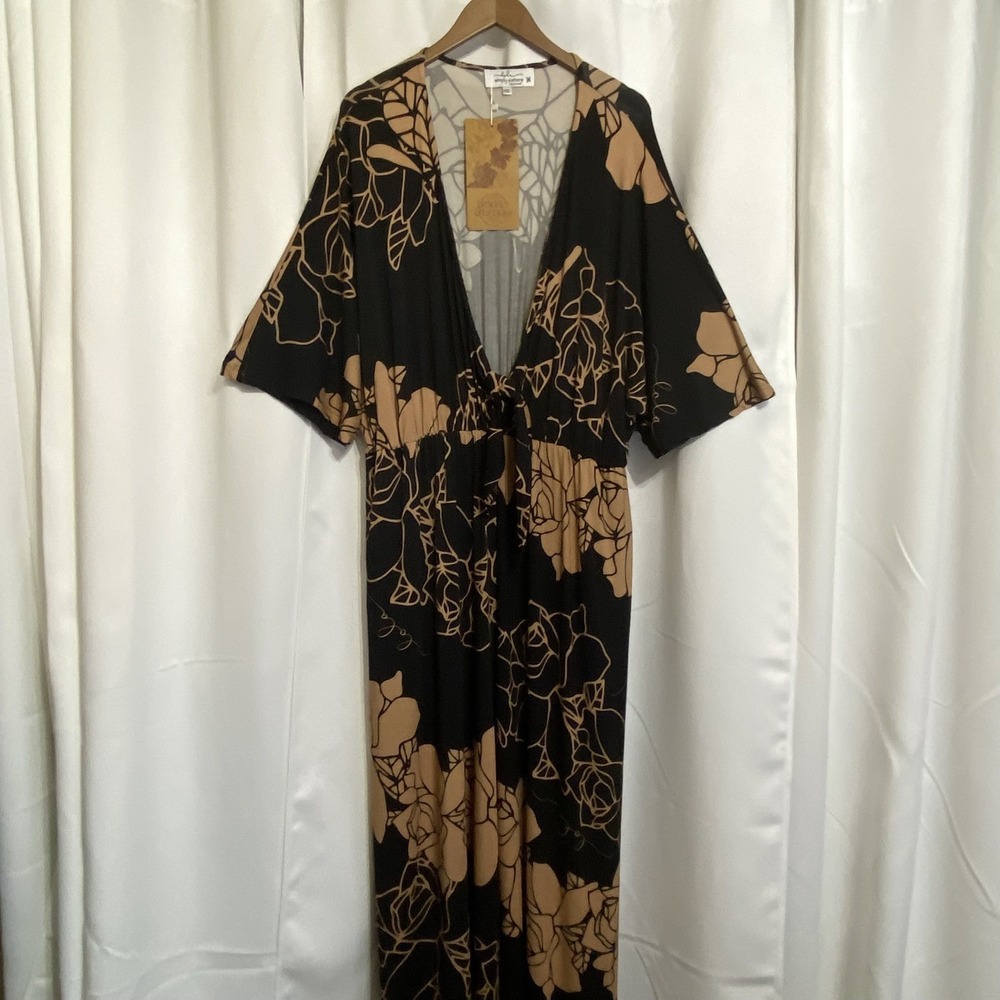 Simply Sisters by Lola‎ Black Brown Gardenia Women's Jumpsuit 2XL Tie Front NWT